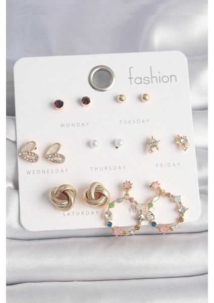 Pirinç Gold Renk Renkli Zirkon Taşlı Kalp Detay 7 Çift Kadın Küpe Seti