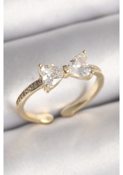 Pirinç Gold Renk Zirkon Taşlı Kalp Fiyonk Model Kadın Yüzük