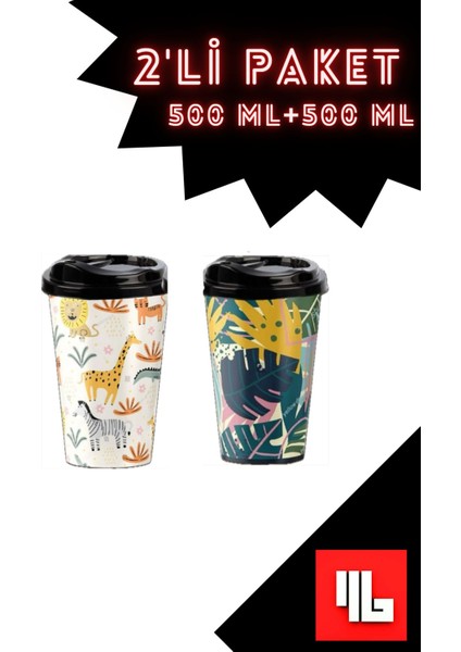 2'li Premium Desenli Kahve Bardağı 500ML Bpa Içermez Sıcak Soğuk Içecek Kamp Araba Bardağı