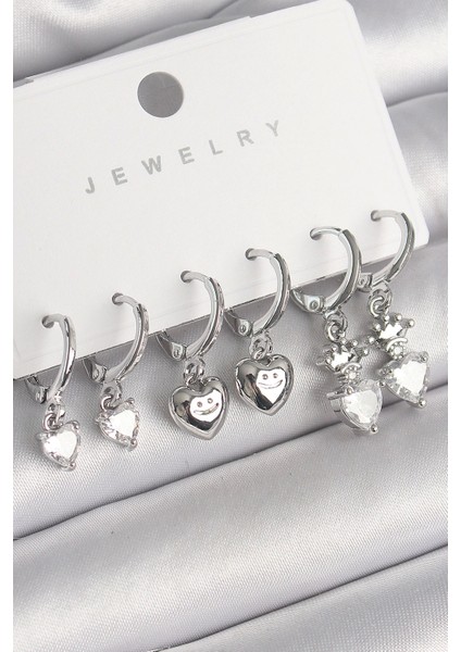 Pirinç Gümüş Renk Sallantı Zirkon Taşlı Kalp Model Taç Detay Kadın Küpe Seti