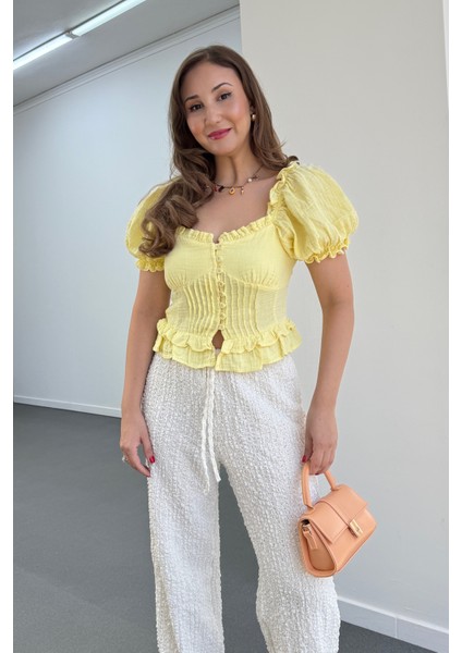 Mehsa Karpuz Kol Nervür Dikişli Fırfırlı Bluz