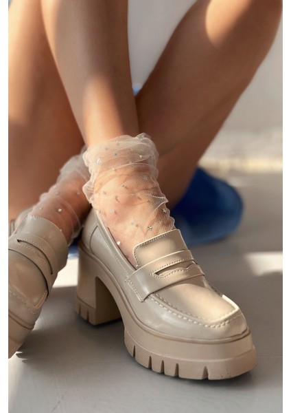 Passeta Kalın Taban Topuklu Kadın Loafer Bej Mat Rugan