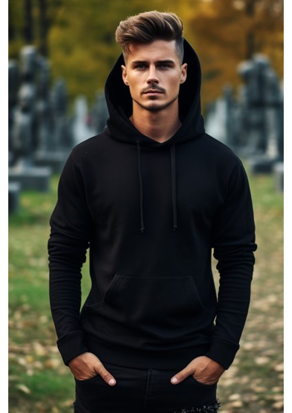 Erkek Siyah Kapüşonlu Sweatshirt L
