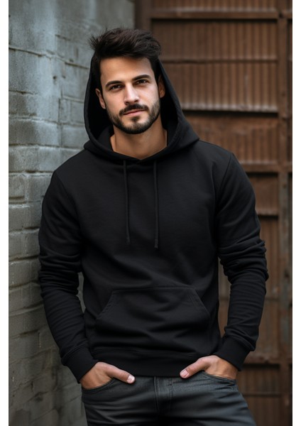 Erkek Siyah Kapüşonlu Sweatshirt L indirimleri