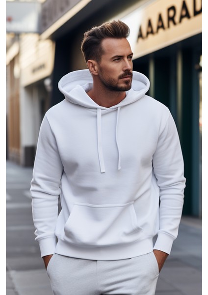 Erkek Beyaz Kapüşonlu Sweatshirt S