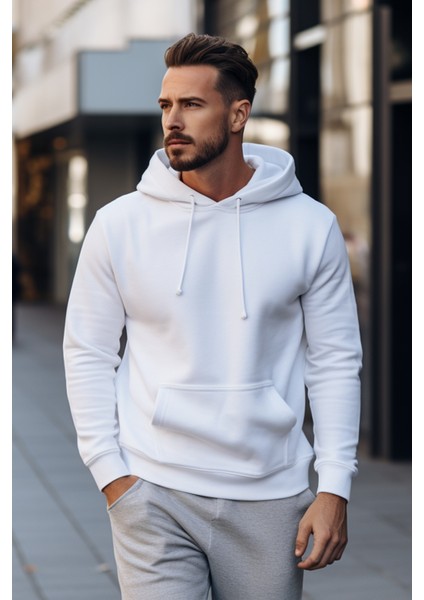 Erkek Beyaz Kapüşonlu Sweatshirt S fırsatları