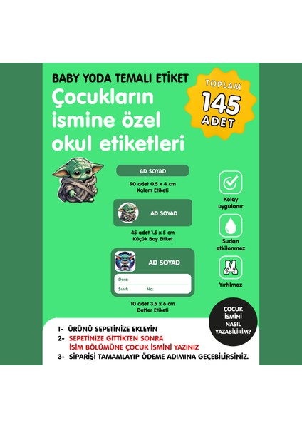 Baby Yoda Temalı Isme Özel Okul Etiketi