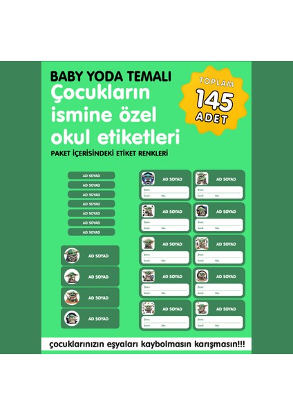 Baby Yoda Temalı Isme Özel Okul Etiketi fiyatları
