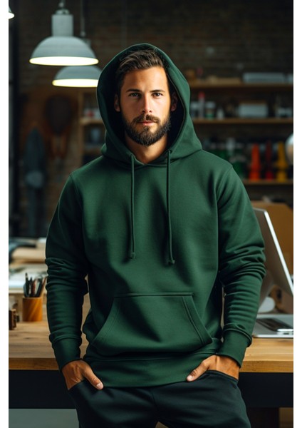 Unisex Haki Yeşil Kapüşonlu Sweatshirt L