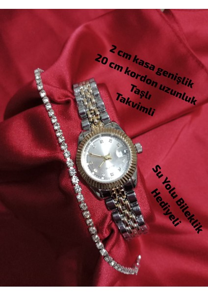 Gold-Gümüş Retro Still Minimal Vintage Model Yuvarlak - Çelik Kordon Takvimli 0117