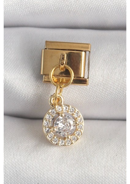 316L Çelik Gold Renk Sallantı Daire Zirkon Taşlı Nomination Charm