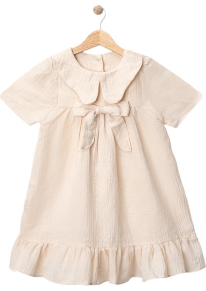 Müslin Pamuk Fiyonklu Elbise Ekru