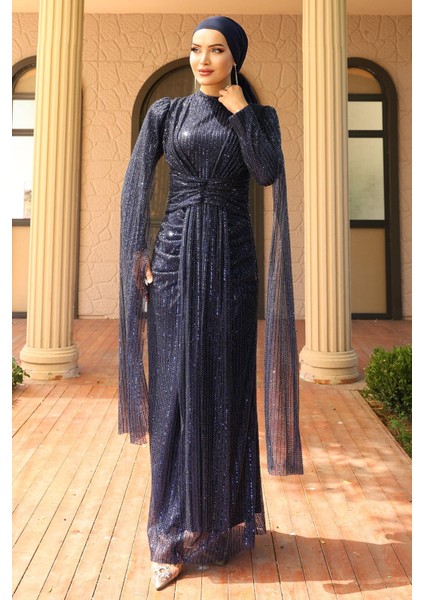 Önü Bağlamalı Pelerin Detaylı Pullu Payetli Tesettür Abiye Elbise Lacivert 1027 fiyatları