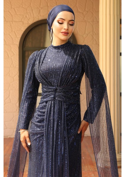 Önü Bağlamalı Pelerin Detaylı Pullu Payetli Tesettür Abiye Elbise Lacivert 1027 modelleri