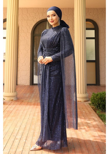 Önü Bağlamalı Pelerin Detaylı Pullu Payetli Tesettür Abiye Elbise Lacivert 1027 fırsatları