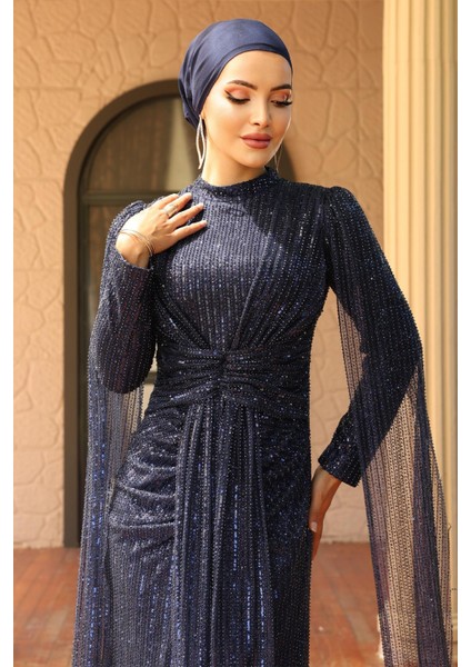 Önü Bağlamalı Pelerin Detaylı Pullu Payetli Tesettür Abiye Elbise Lacivert 1027 indirimleri