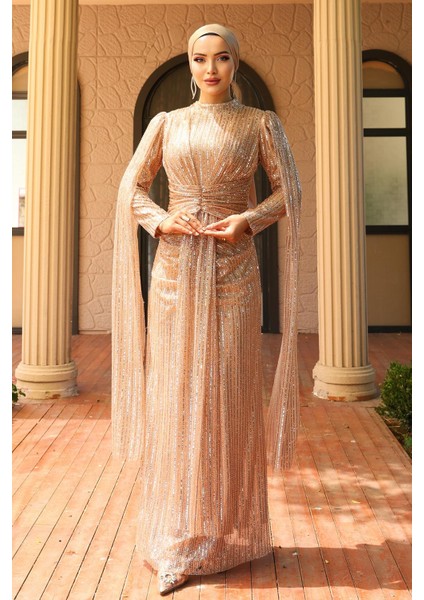 Önü Bağlamalı Pelerin Detaylı Pullu Payetli Tesettür Abiye Elbise Kamel 1027 fiyatları