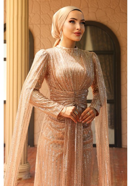 Önü Bağlamalı Pelerin Detaylı Pullu Payetli Tesettür Abiye Elbise Kamel 1027 modelleri