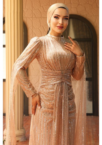 Önü Bağlamalı Pelerin Detaylı Pullu Payetli Tesettür Abiye Elbise Kamel 1027 fırsatları