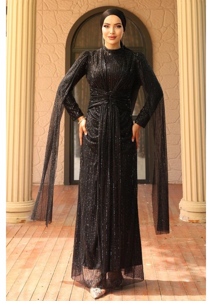 Önü Bağlamalı Pelerin Detaylı Pullu Payetli Tesettür Abiye Elbise Siyah 1027