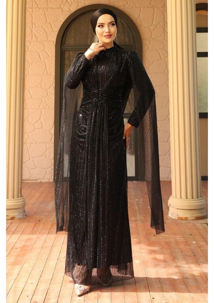 Önü Bağlamalı Pelerin Detaylı Pullu Payetli Tesettür Abiye Elbise Siyah 1027 fiyatları