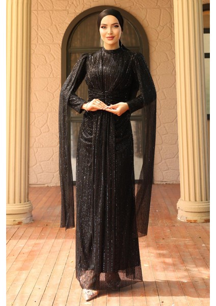 Önü Bağlamalı Pelerin Detaylı Pullu Payetli Tesettür Abiye Elbise Siyah 1027 fırsatları