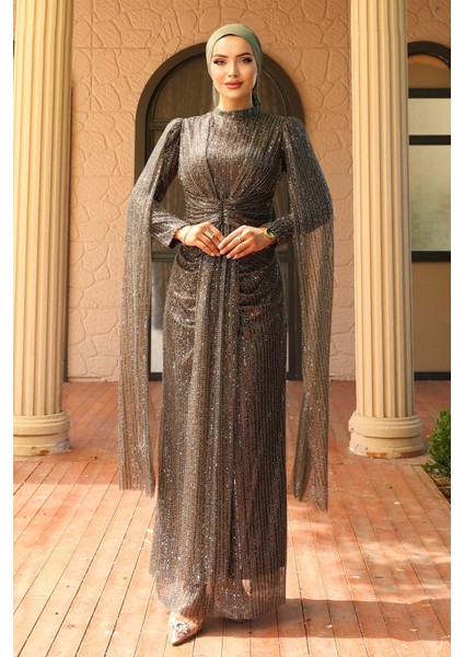 Önü Bağlamalı Pelerin Detaylı Pullu Payetli Tesettür Abiye Elbise Kahve 1027