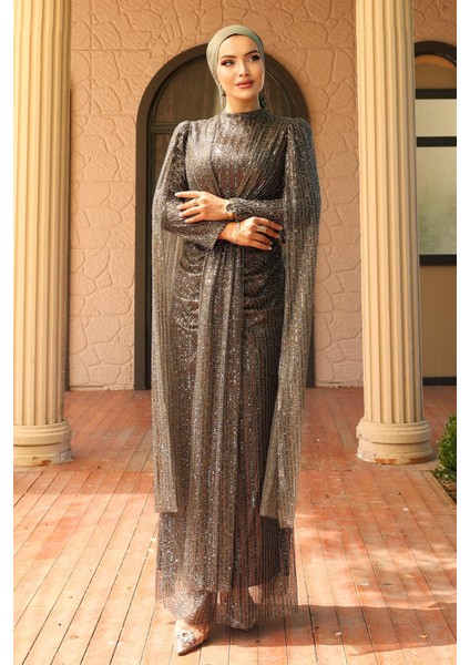 Önü Bağlamalı Pelerin Detaylı Pullu Payetli Tesettür Abiye Elbise Kahve 1027 fiyatları