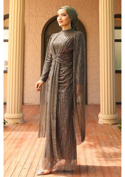 Önü Bağlamalı Pelerin Detaylı Pullu Payetli Tesettür Abiye Elbise Kahve 1027 modelleri