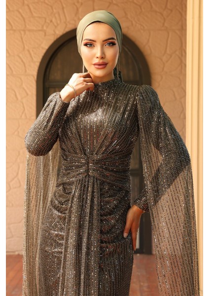 Önü Bağlamalı Pelerin Detaylı Pullu Payetli Tesettür Abiye Elbise Kahve 1027 indirimleri