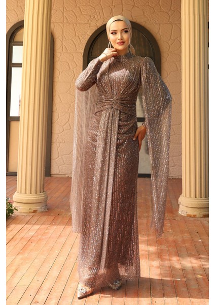 Önü Bağlamalı Pelerin Detaylı Pullu Payetli Tesettür Abiye Elbise A.kahve 1027