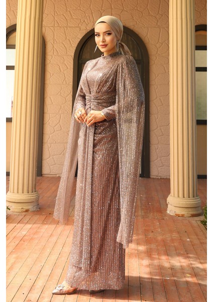 Önü Bağlamalı Pelerin Detaylı Pullu Payetli Tesettür Abiye Elbise A.kahve 1027 fiyatları