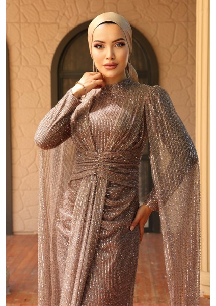 Önü Bağlamalı Pelerin Detaylı Pullu Payetli Tesettür Abiye Elbise A.kahve 1027 modelleri