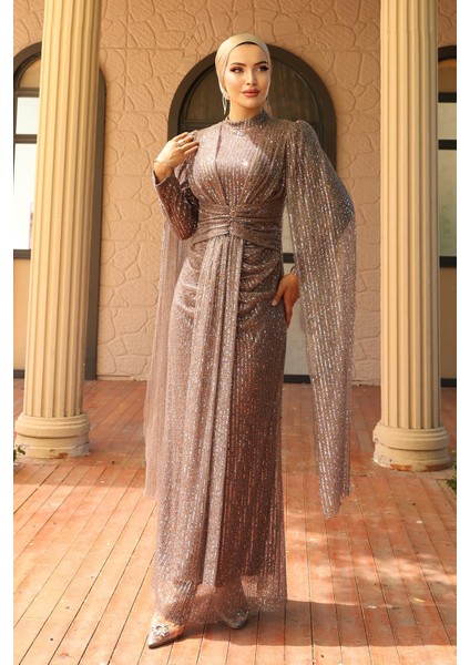 Önü Bağlamalı Pelerin Detaylı Pullu Payetli Tesettür Abiye Elbise A.kahve 1027 fırsatları