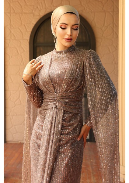 Önü Bağlamalı Pelerin Detaylı Pullu Payetli Tesettür Abiye Elbise A.kahve 1027 indirimleri