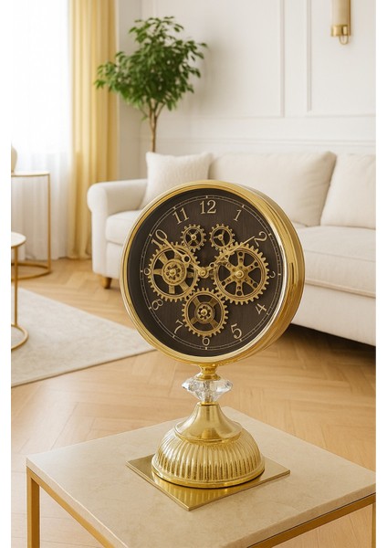 Dekoratif Masa Üstü Saat Altın, Metal Çarklı Masa Saati, Modern Ayaklı Saat Gold 25cm x 15cm