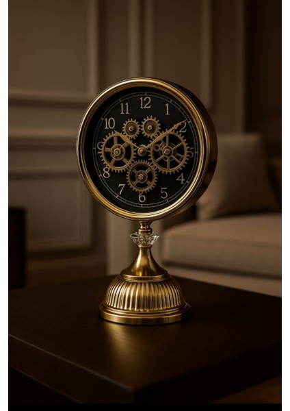 Dekoratif Masa Üstü Saat Altın, Metal Çarklı Masa Saati, Modern Ayaklı Saat Gold 25cm x 15cm modelleri