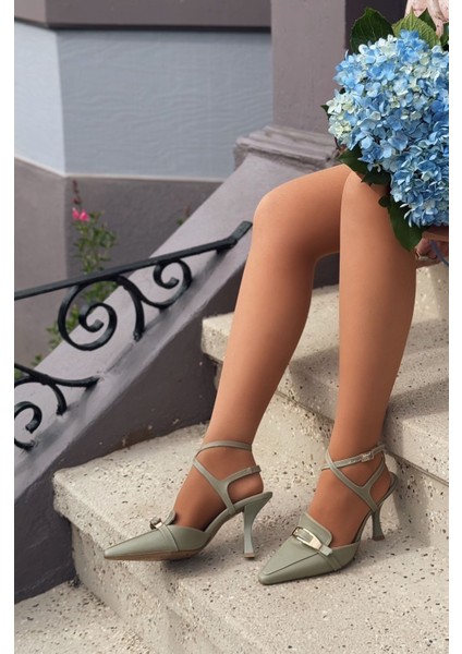 Vorno Mat Deri Toka Detaylı Su Yeşili Stiletto