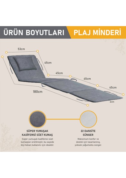 Plaj Minderi, Plaj Çantası Tasarımlı, Plaj Matı, Yastıklı, Katlanır Çadır Yatağı, 22DENS 180X53X2CM - Gri fiyatları