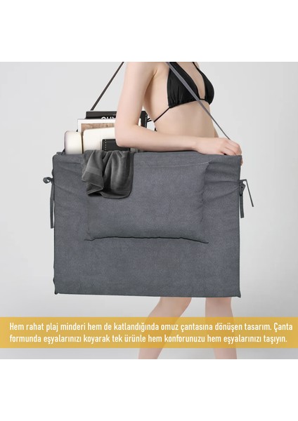 Plaj Minderi, Plaj Çantası Tasarımlı, Plaj Matı, Yastıklı, Katlanır Çadır Yatağı, 22DENS 180X53X2CM - Gri modelleri