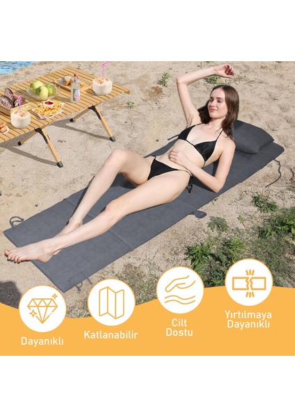 Plaj Minderi, Plaj Çantası Tasarımlı, Plaj Matı, Yastıklı, Katlanır Çadır Yatağı, 22DENS 180X53X2CM - Gri