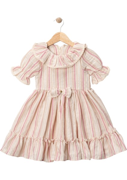 Müslin Çizgili Fiyonk Elbise Pembe