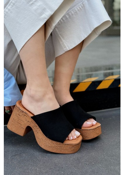 Velseya Süet Siyah Kadın Topuklu Terlik