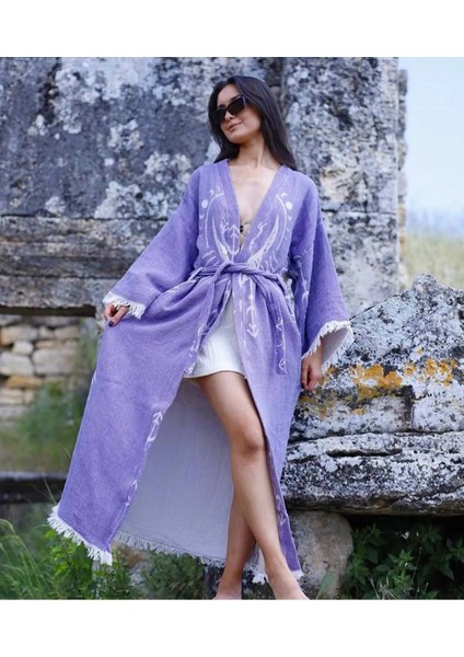 Özel Tasarım Lila Renk Mistik Desenli Kimono Kaftan