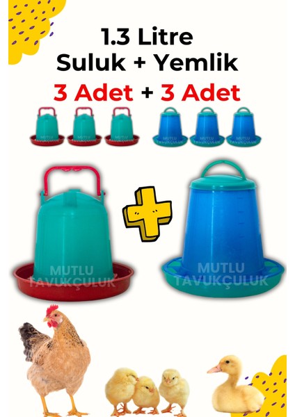 Civciv Başlangıç 3 Adet Suluk ve 3 Adet Yemlik Takım 1.3 Lt Keklik Güvercin Suluğu Bıldırcın Yemliği