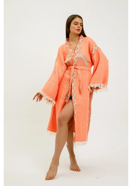 3 Kat Müslin Kumaş Fil Desen Kimono Kaftan