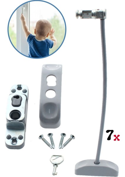Gri Pencere Kilidi 7 Adet Halatlı Çocuk Güvenlik Emniyet Hırsız Pimapen Pvc Kapı Bebek Kilidi