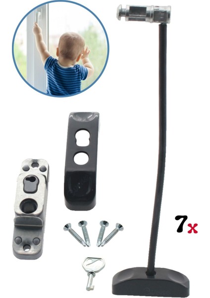 Antrasit Pencere Kilidi 7 Adet Halatlı Çocuk Güvenlik Emniyet Hırsız Pimapen Pvc Kapı Bebek Kilidi