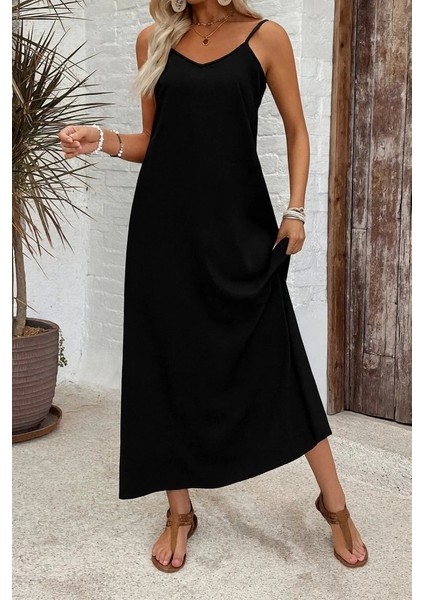 Kadın Ip Askılı Geniş V Yakalı Desenli Süprem Elbise