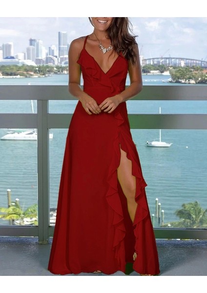 Kadın Ip Askılı Dekolteli Yırtmaç Detay Krep Elbise modelleri